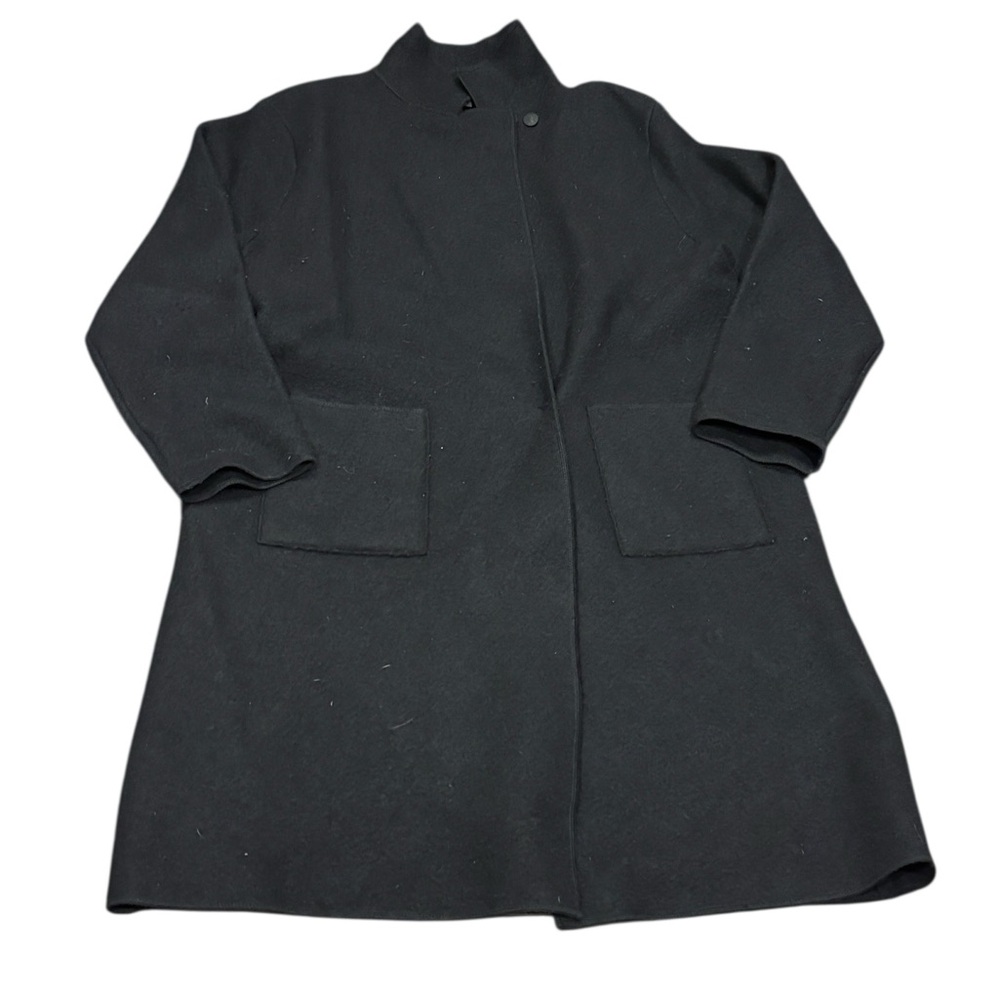 Eileen Fisher 100% Wool Long Coat CHARCOAL GRAY black size petite medium snaps